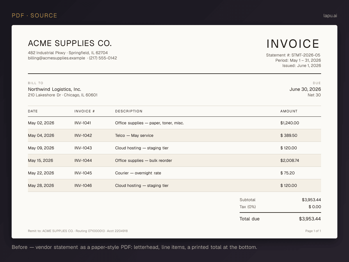 Paper-style PDF vendor invoice with letterhead, bill-to block, six line items, and a printed total at the bottom