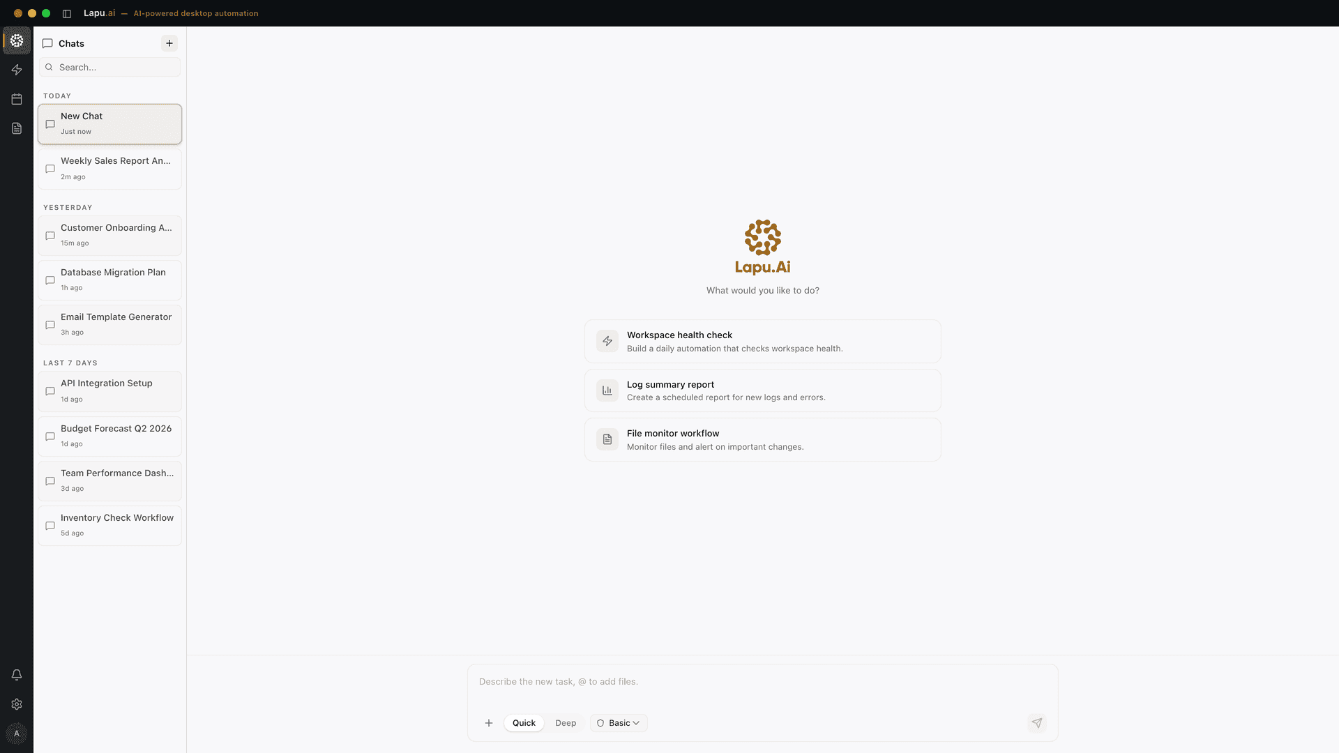 Lapu AI desktop app — Agent Chat with conversation sidebar, suggested workflow actions, and Quick/Deep mode selector