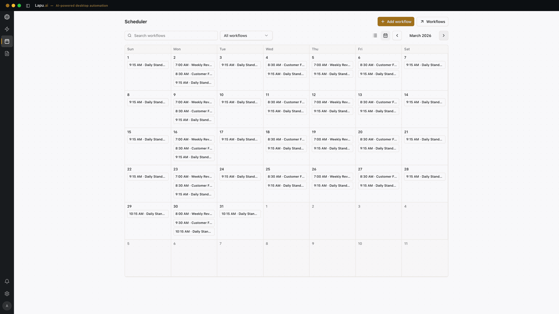 Lapu AI scheduler in calendar view: a month of scheduled workflow runs, with the same daily and weekly jobs repeating across every week