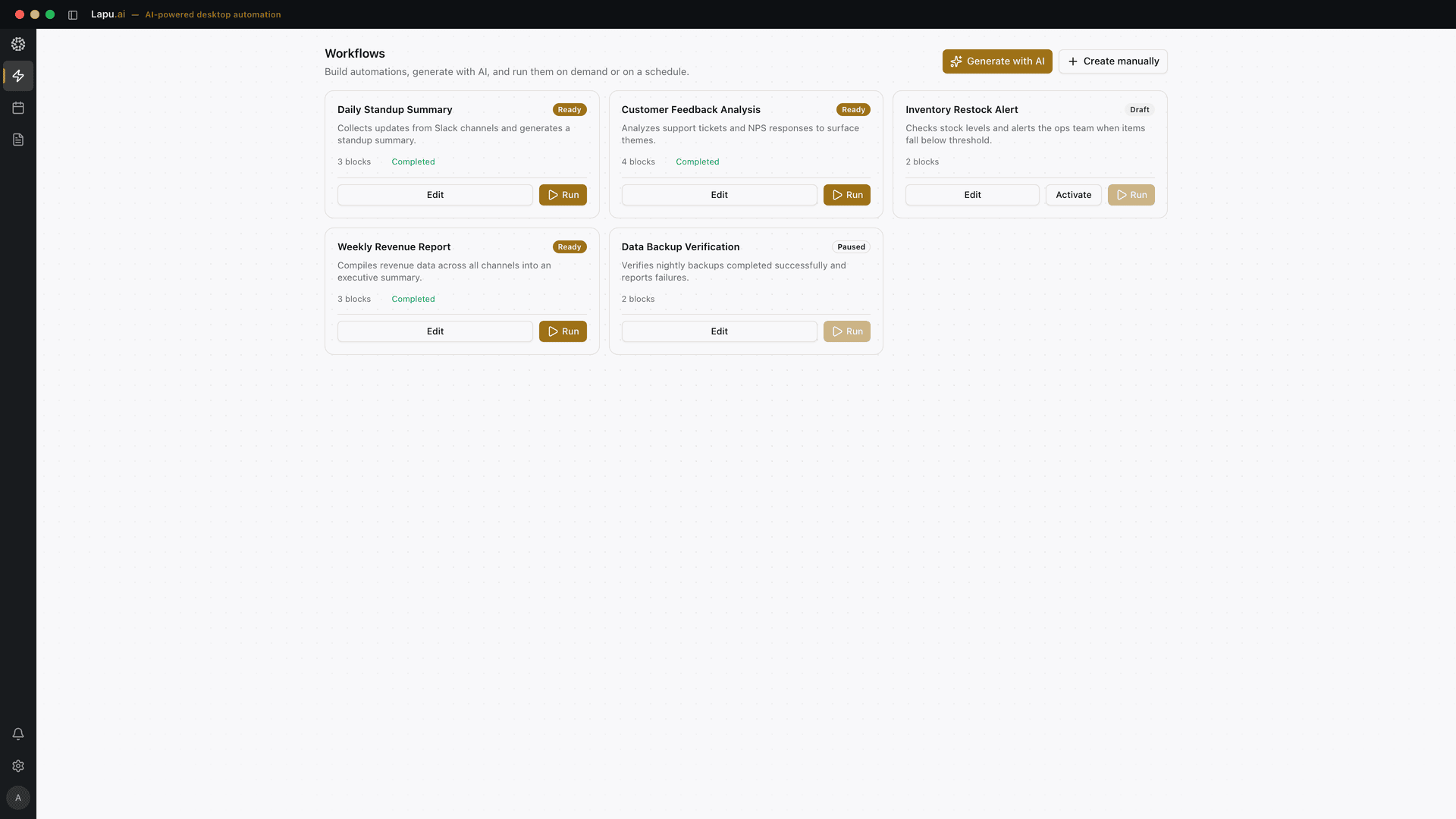 Lapu AI workflows: five saved automations — Daily Standup Summary, Customer Feedback Analysis, Inventory Restock Alert, Weekly Revenue Report and Data Backup Verification — each showing its state and how many blocks it runs